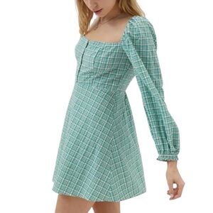 Urban Outfitters Green & Cream Long Sleeve Mini Fit & Flare Dress size Medium
